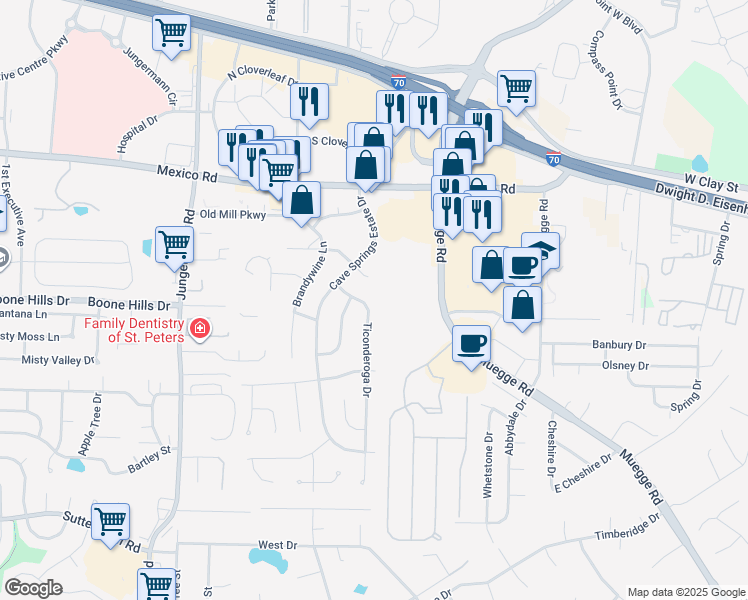 map of restaurants, bars, coffee shops, grocery stores, and more near 1326 Ticonderoga Drive in St. Peters