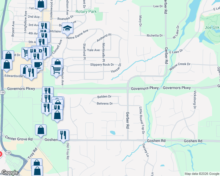 map of restaurants, bars, coffee shops, grocery stores, and more near Governors Parkway in Edwardsville