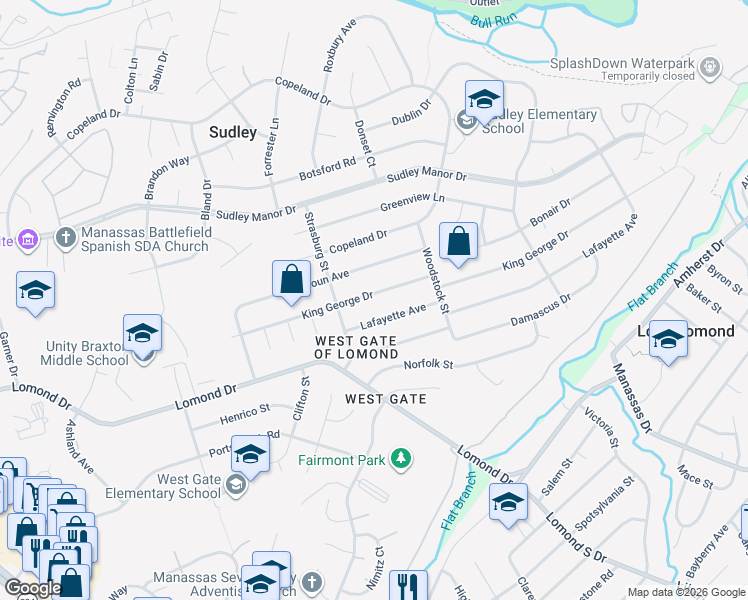 map of restaurants, bars, coffee shops, grocery stores, and more near 9721 King George Drive in Manassas