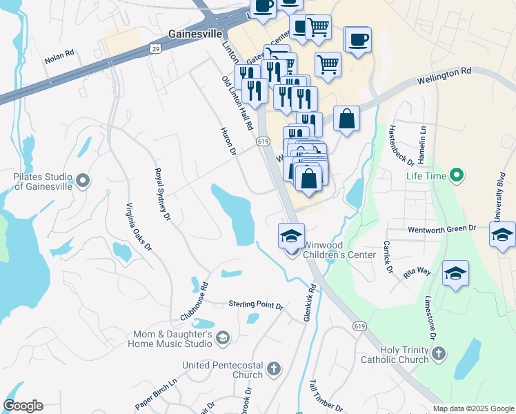 map of restaurants, bars, coffee shops, grocery stores, and more near 14008 Erie Court in Gainesville