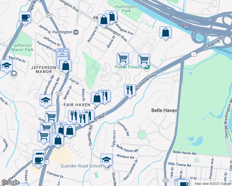 map of restaurants, bars, coffee shops, grocery stores, and more near 6034 Richmond Highway in Alexandria