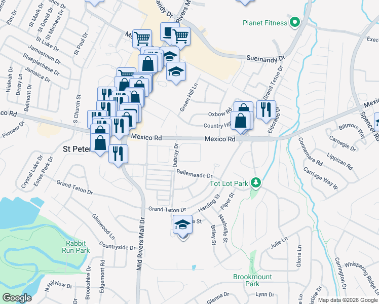 map of restaurants, bars, coffee shops, grocery stores, and more near 10 Dubray Drive in St. Peters
