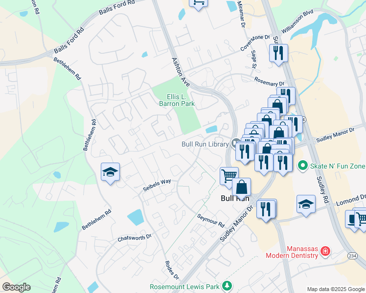 map of restaurants, bars, coffee shops, grocery stores, and more near 10668 Winfield Loop in Manassas