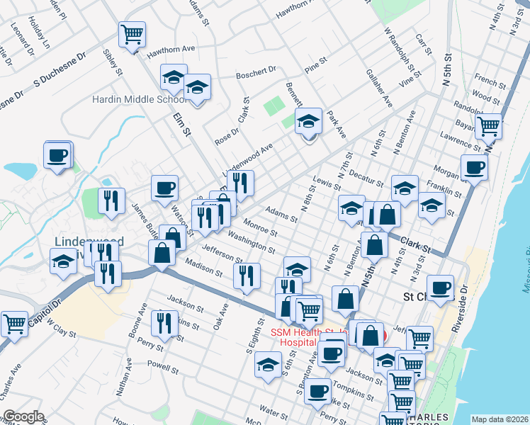 map of restaurants, bars, coffee shops, grocery stores, and more near 911 Adams Street in Saint Charles