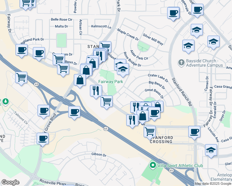 map of restaurants, bars, coffee shops, grocery stores, and more near Central Park Drive in Roseville