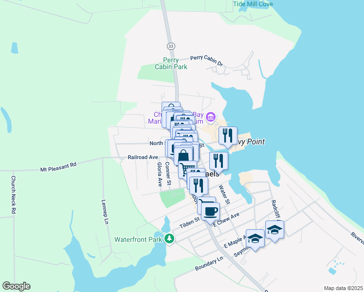 map of restaurants, bars, coffee shops, grocery stores, and more near 112 North Talbot Street in Saint Michaels