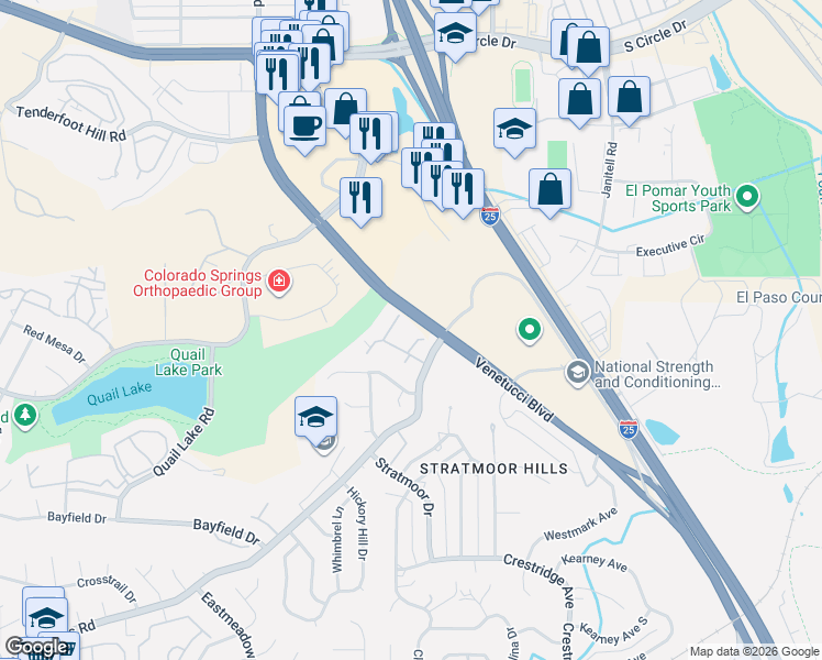 map of restaurants, bars, coffee shops, grocery stores, and more near 3294 Atrium Point in Colorado Springs