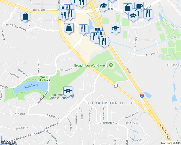 map of restaurants, bars, coffee shops, grocery stores, and more near 3294 Atrium Point in Colorado Springs