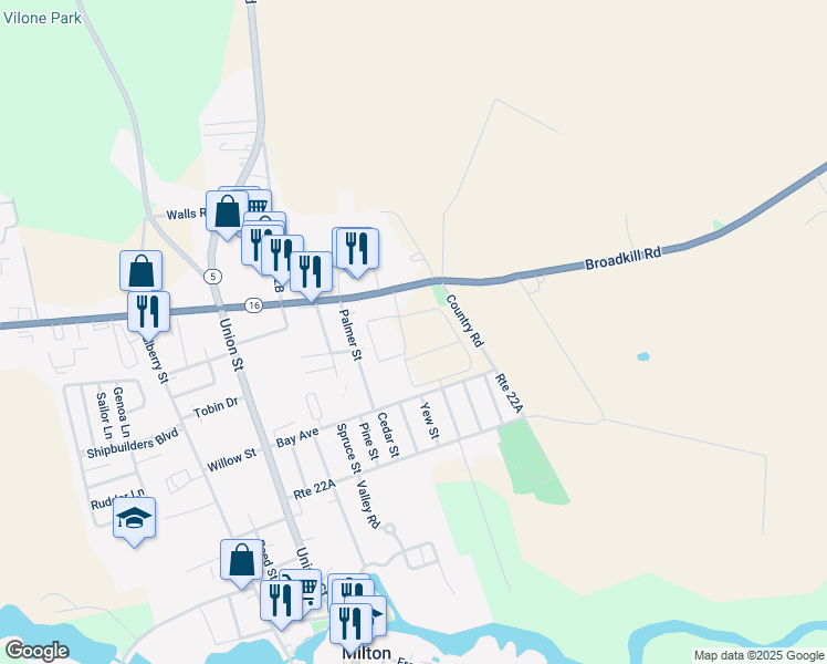 map of restaurants, bars, coffee shops, grocery stores, and more near 24716 Broadkill Road in Milton