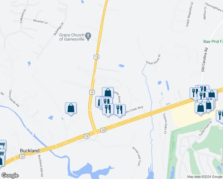 map of restaurants, bars, coffee shops, grocery stores, and more near 15896 Lee Carter Road in Gainesville