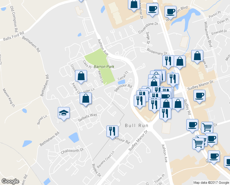 map of restaurants, bars, coffee shops, grocery stores, and more near Seymour Rd & Blue Gray Cir in Bull Run