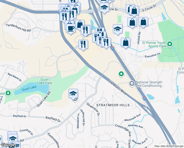 map of restaurants, bars, coffee shops, grocery stores, and more near 3294 Atrium Point in Colorado Springs