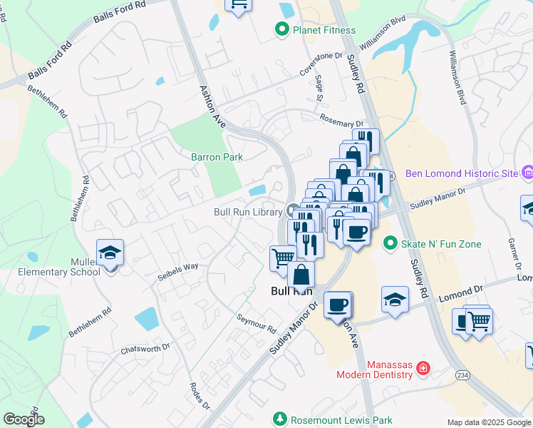 map of restaurants, bars, coffee shops, grocery stores, and more near 7827 Sabre Court in Manassas