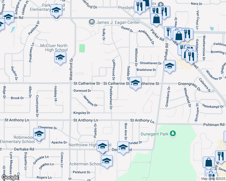 map of restaurants, bars, coffee shops, grocery stores, and more near 510 Paddlewheel Drive in Florissant