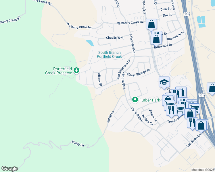 map of restaurants, bars, coffee shops, grocery stores, and more near 257 Red Mountain Drive in Cloverdale