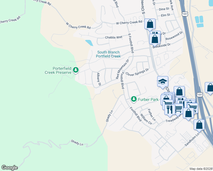 map of restaurants, bars, coffee shops, grocery stores, and more near 257 Red Mountain Drive in Cloverdale