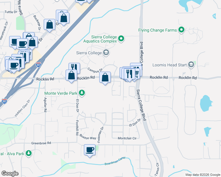 map of restaurants, bars, coffee shops, grocery stores, and more near 5414 Havenhurst Circle in Rocklin