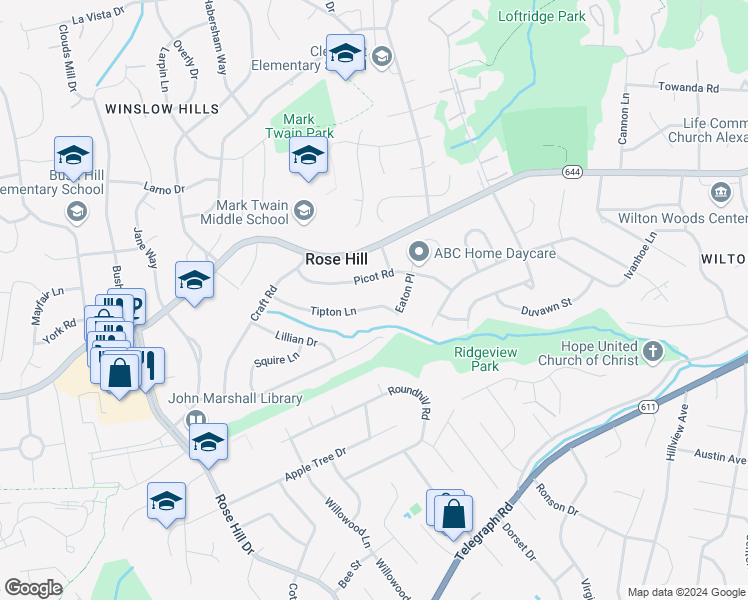 map of restaurants, bars, coffee shops, grocery stores, and more near 4506 Tipton Lane in Alexandria