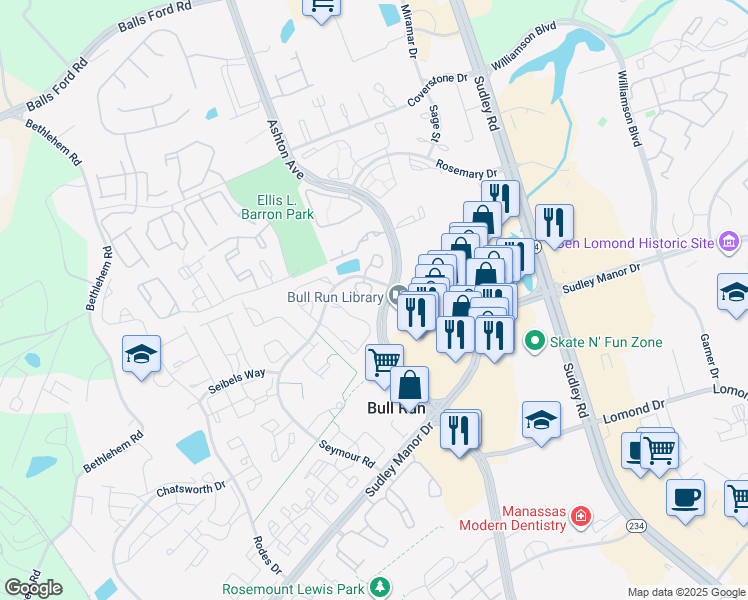 map of restaurants, bars, coffee shops, grocery stores, and more near 7815 Sabre Court in Manassas