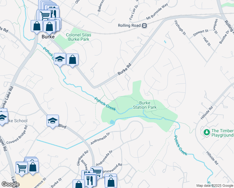 map of restaurants, bars, coffee shops, grocery stores, and more near 9225 Sand Creek Court in Burke