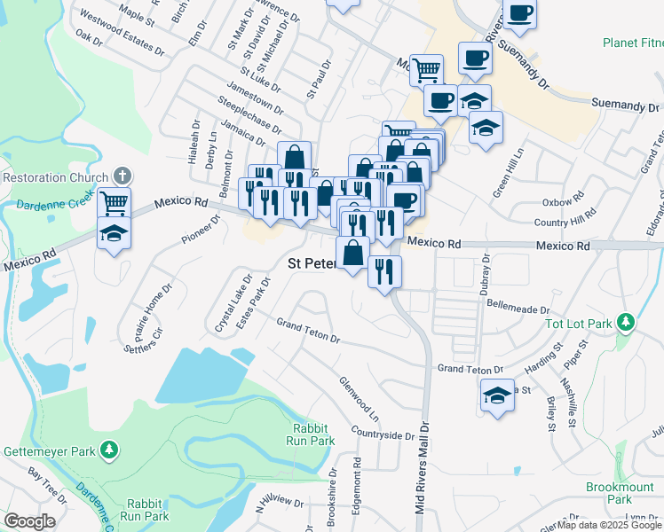 map of restaurants, bars, coffee shops, grocery stores, and more near 577 Mid Rivers Mall Drive in St. Peters