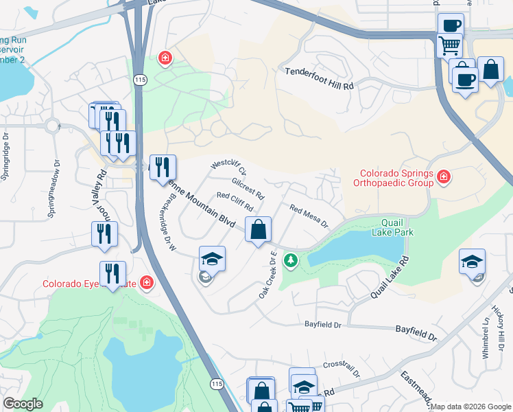 map of restaurants, bars, coffee shops, grocery stores, and more near 686 Red Cliff Road in Colorado Springs