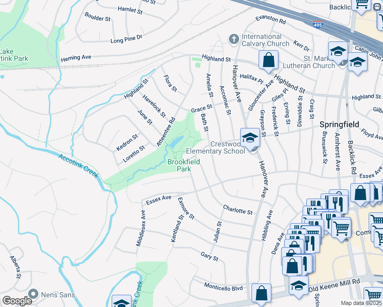 map of restaurants, bars, coffee shops, grocery stores, and more near 7411 Floyd Avenue in Springfield