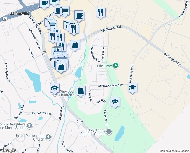 map of restaurants, bars, coffee shops, grocery stores, and more near 7038 Darbey Knoll Drive in Gainesville