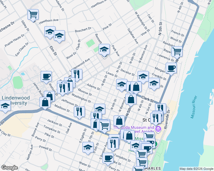 map of restaurants, bars, coffee shops, grocery stores, and more near 728 Adams Street in Saint Charles
