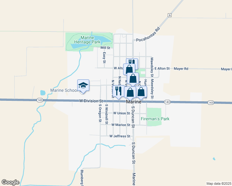map of restaurants, bars, coffee shops, grocery stores, and more near 121 North Nebraska Street in Marine