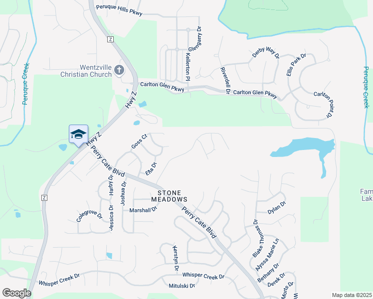 map of restaurants, bars, coffee shops, grocery stores, and more near 2076 Hannah Drive in Wentzville