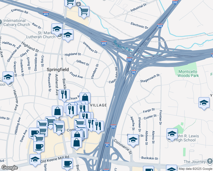 map of restaurants, bars, coffee shops, grocery stores, and more near 5929 Augusta Drive in Springfield