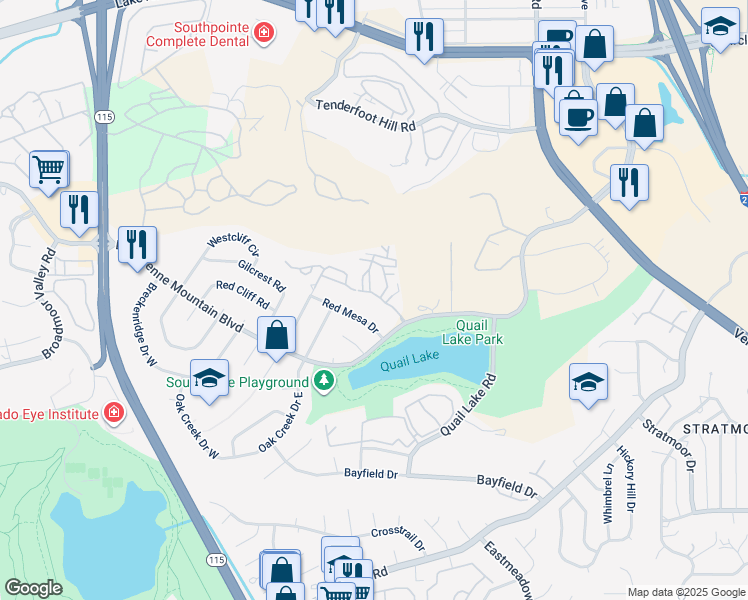 map of restaurants, bars, coffee shops, grocery stores, and more near 910 Red Mesa Drive in Colorado Springs