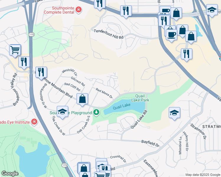 map of restaurants, bars, coffee shops, grocery stores, and more near 910 Red Mesa Drive in Colorado Springs