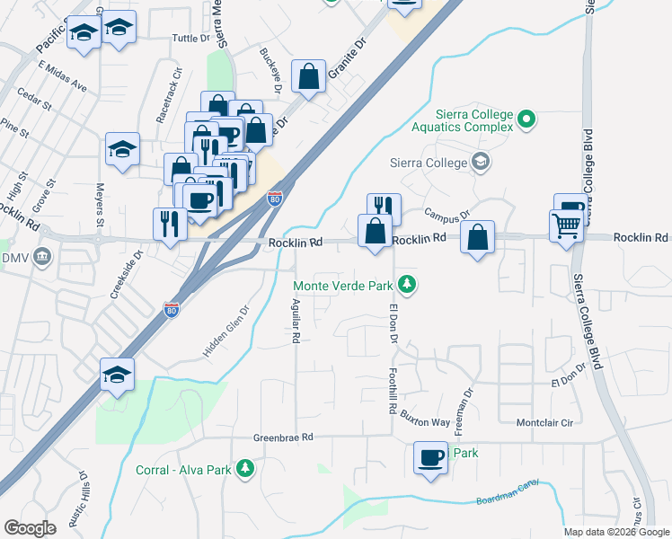 map of restaurants, bars, coffee shops, grocery stores, and more near 5400 Lagoon Court in Rocklin
