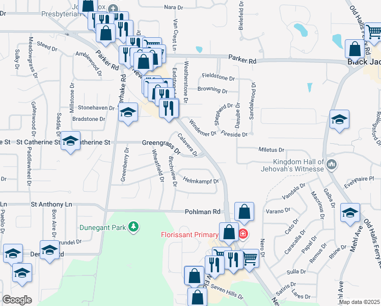 map of restaurants, bars, coffee shops, grocery stores, and more near 4090 Greengrass Drive in Florissant