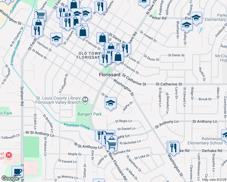 map of restaurants, bars, coffee shops, grocery stores, and more near 240 North Castello Street in Florissant