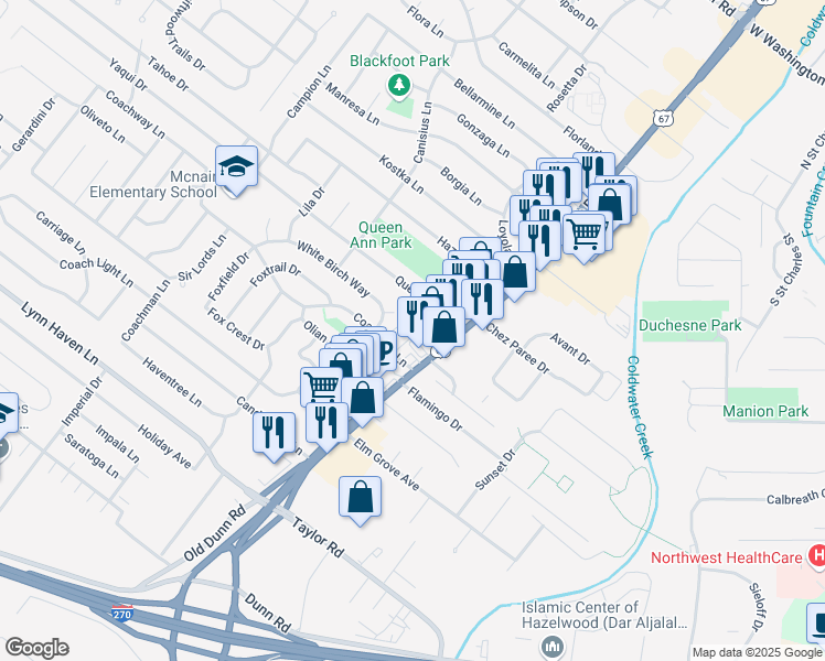 map of restaurants, bars, coffee shops, grocery stores, and more near 354 Coachway Lane in Hazelwood