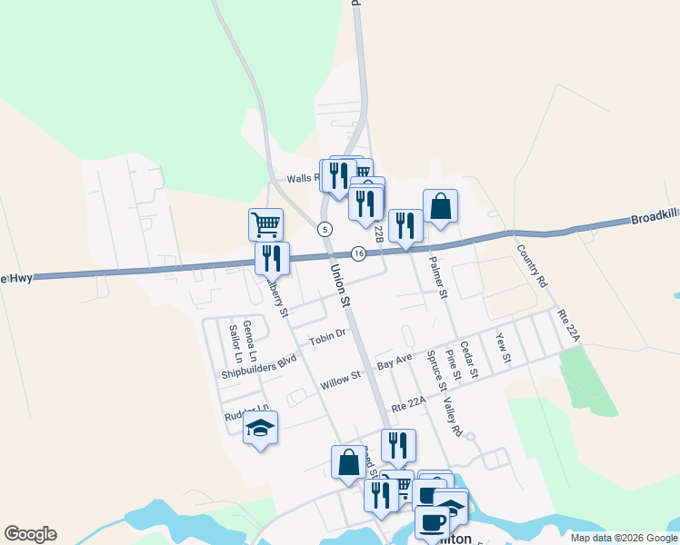 map of restaurants, bars, coffee shops, grocery stores, and more near 601 Union Street in Milton