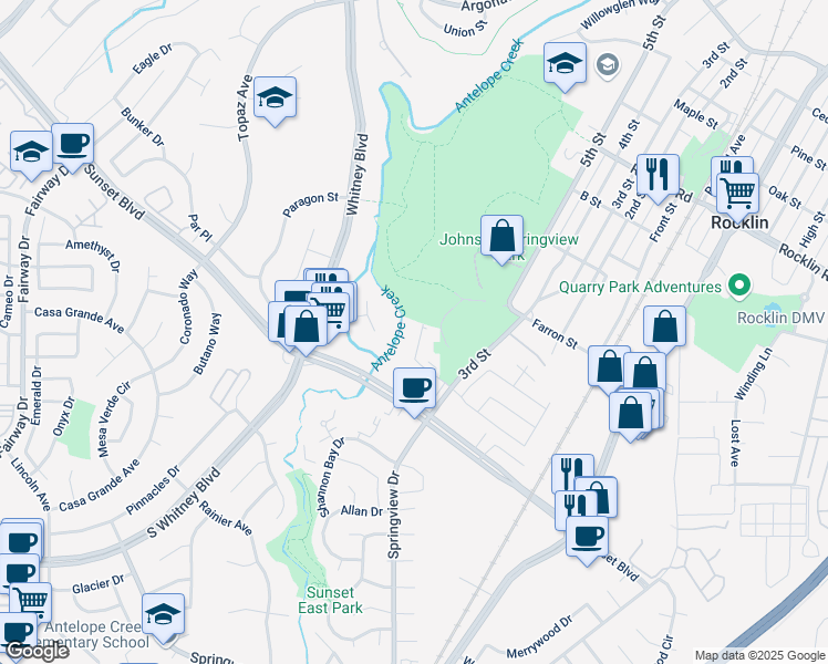 map of restaurants, bars, coffee shops, grocery stores, and more near 3381 Parkside Drive in Rocklin