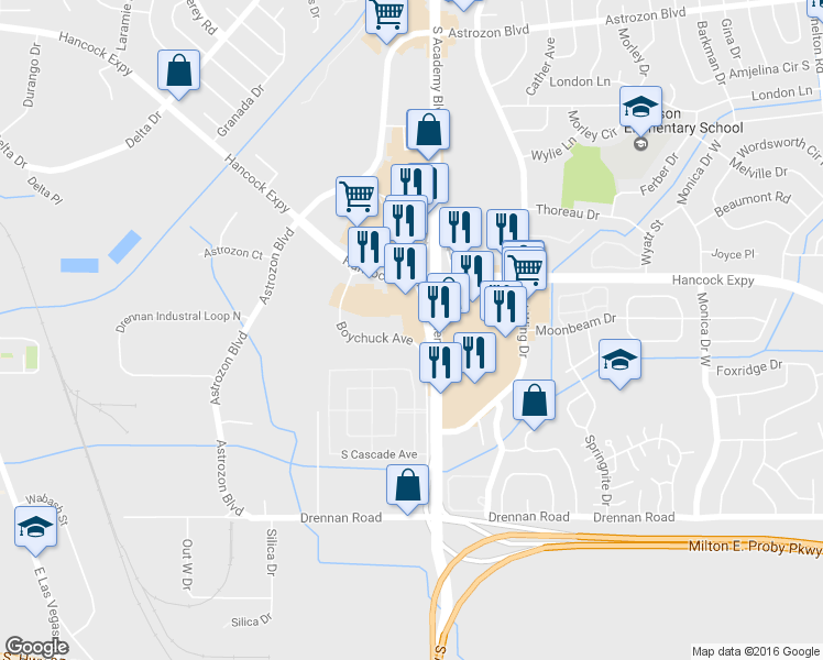 map of restaurants, bars, coffee shops, grocery stores, and more near 3195 Boychuk Avenue in Colorado Springs