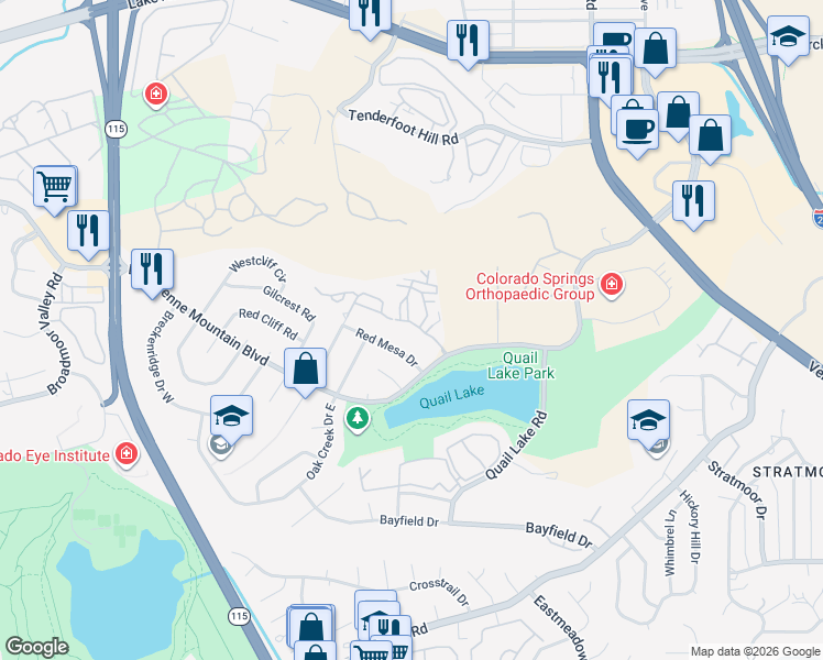 map of restaurants, bars, coffee shops, grocery stores, and more near 910 Red Mesa Drive in Colorado Springs
