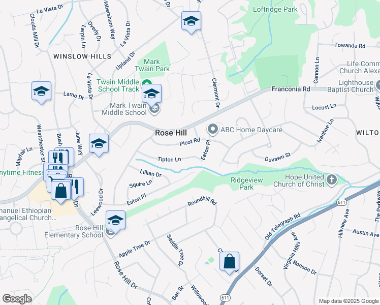 map of restaurants, bars, coffee shops, grocery stores, and more near 4506 Tipton Lane in Alexandria