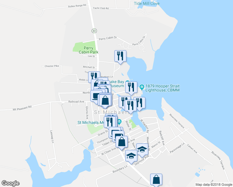 map of restaurants, bars, coffee shops, grocery stores, and more near Mill Street in St. Michaels