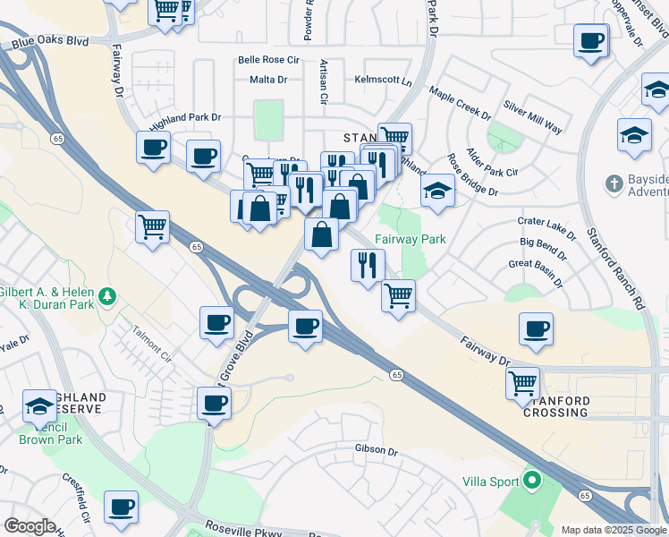 map of restaurants, bars, coffee shops, grocery stores, and more near 10251 Fairway Drive in Roseville