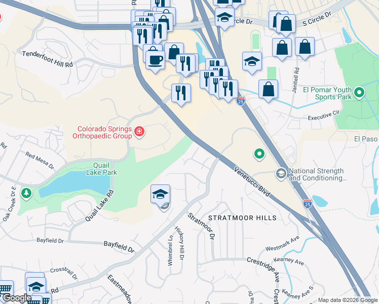 map of restaurants, bars, coffee shops, grocery stores, and more near 1528 Courtyard Heights in Colorado Springs