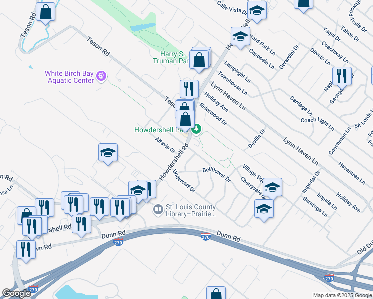 map of restaurants, bars, coffee shops, grocery stores, and more near 6716 Howdershell Road in Hazelwood