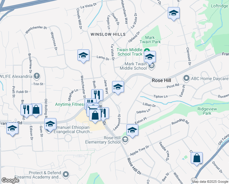 map of restaurants, bars, coffee shops, grocery stores, and more near 4913 Franconia Road in Alexandria
