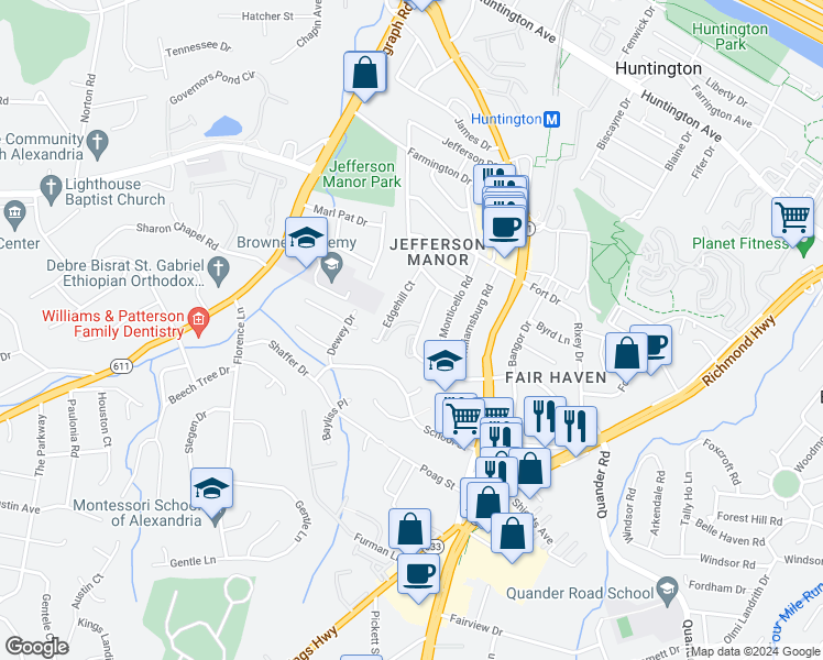 map of restaurants, bars, coffee shops, grocery stores, and more near 2833 Fairhaven Avenue in Alexandria
