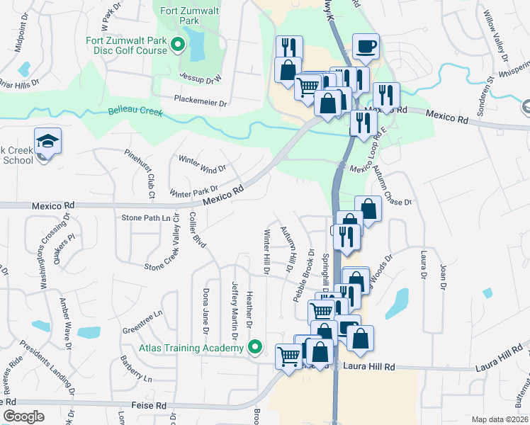 map of restaurants, bars, coffee shops, grocery stores, and more near 1702 Winter Hill Drive in O'Fallon